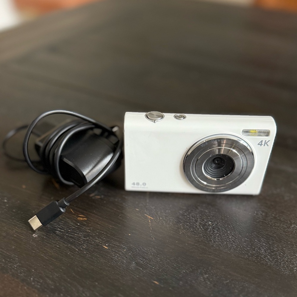 White 4K Digital Camera with USB Cable